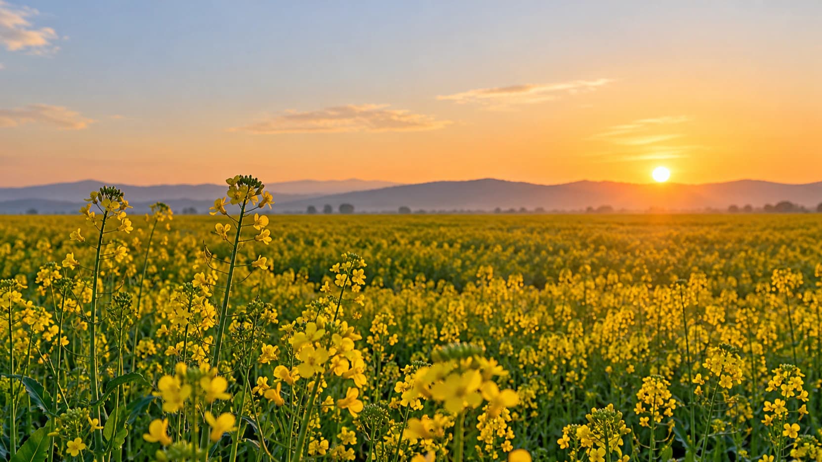 A field of blooming yellow mustard flowers at sunset