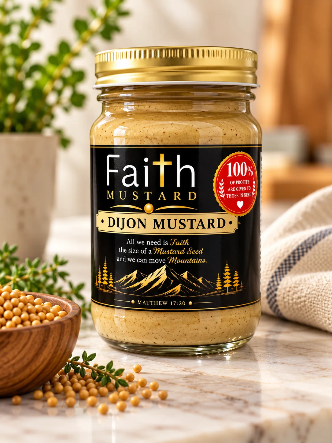 A jar of Faith Mustard Dijon Mustard with its black and gold label, the 100% of profits are given to those in need badge and Matthew 17:20, on a kitchen counter