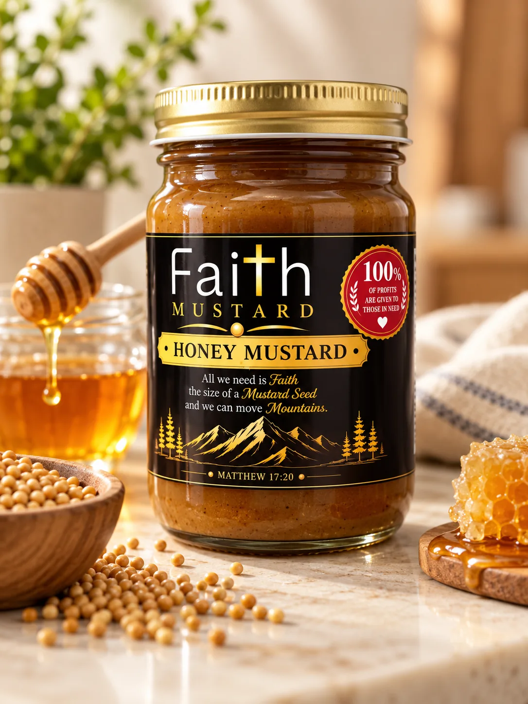 A jar of Faith Mustard Honey Mustard with its black and gold label, the 100% of profits are given to those in need badge and Matthew 17:20, on a kitchen counter