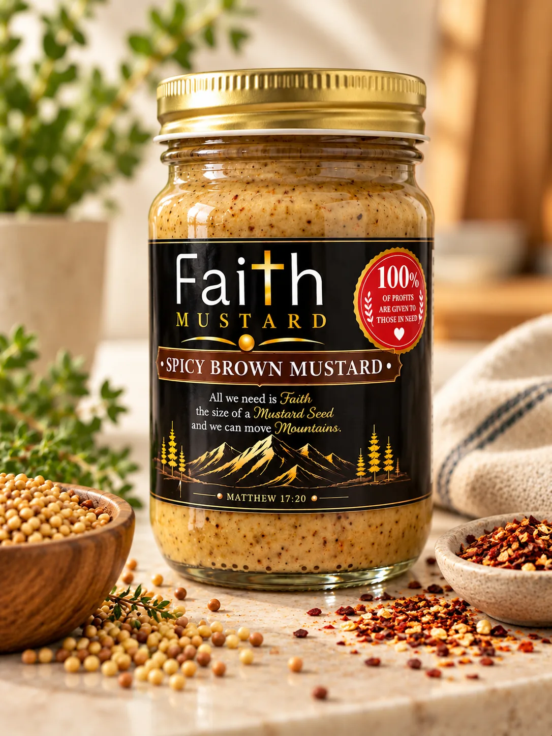 A jar of Faith Mustard Spicy Brown Mustard with its black and gold label, the 100% of profits are given to those in need badge and Matthew 17:20, on a kitchen counter