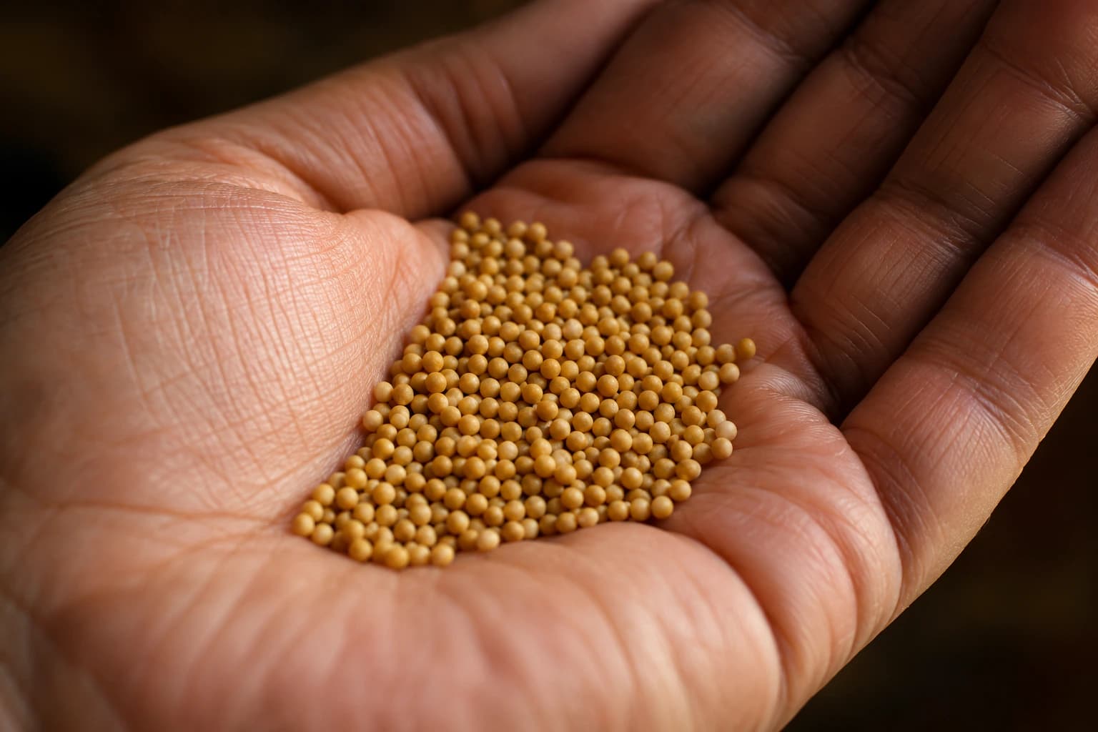A small pile of mustard seeds resting in an open palm