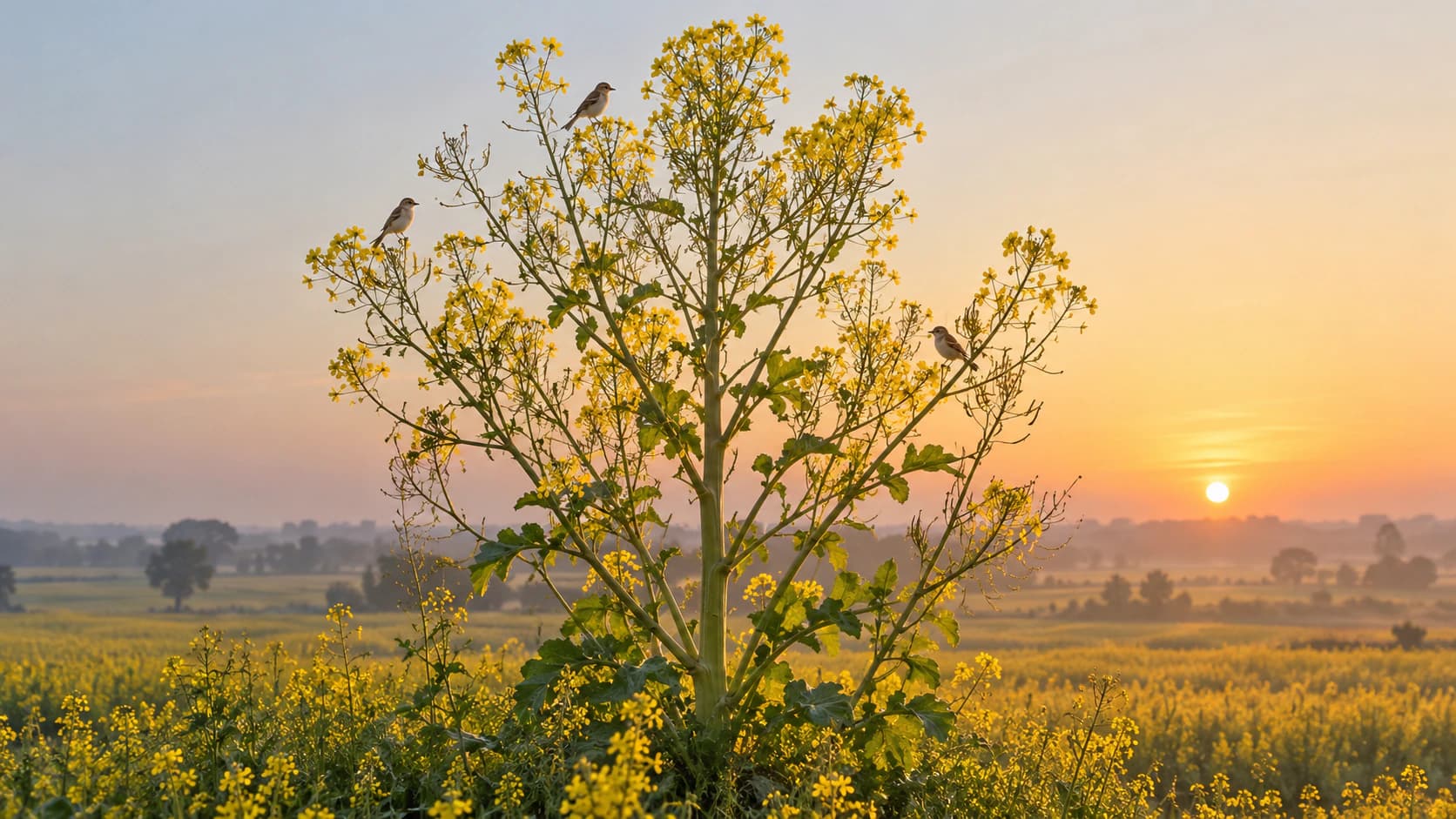 A full grown mustard plant in bloom with small birds perched in its branches at sunrise